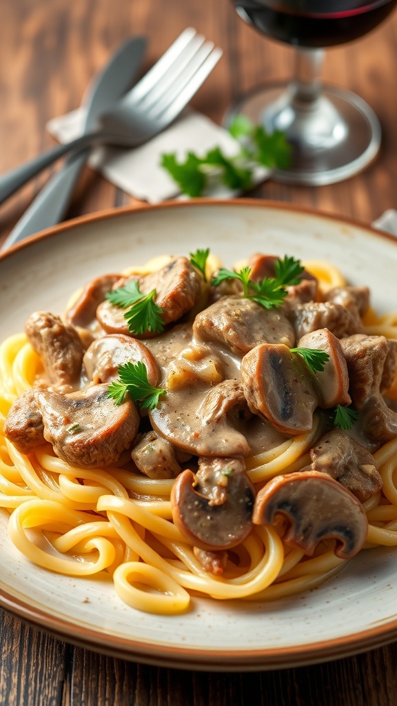 A plate of savory beef stroganoff with mushrooms over egg noodles, garnished with parsley.